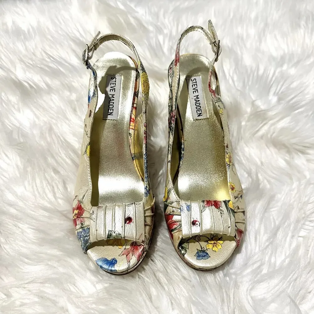 Steve Madden Y2K Floral Slingback Peep-toe Wedge Sz 7